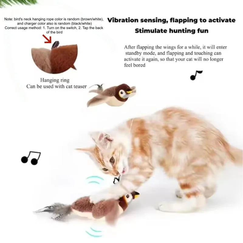 Zelquira BirdSense en uso - gato jugando con pájaro peluche interactivo con sonido