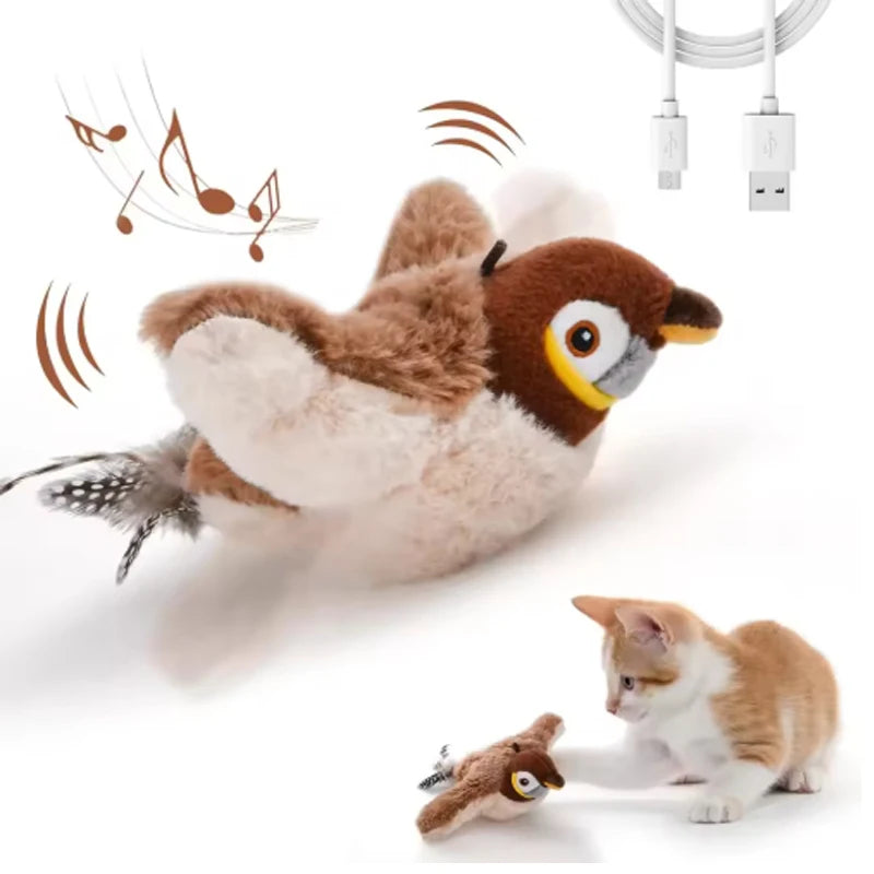 Zelquira BirdSense pájaro de peluche interactivo para gatos - canta aletea y reacciona al tacto
