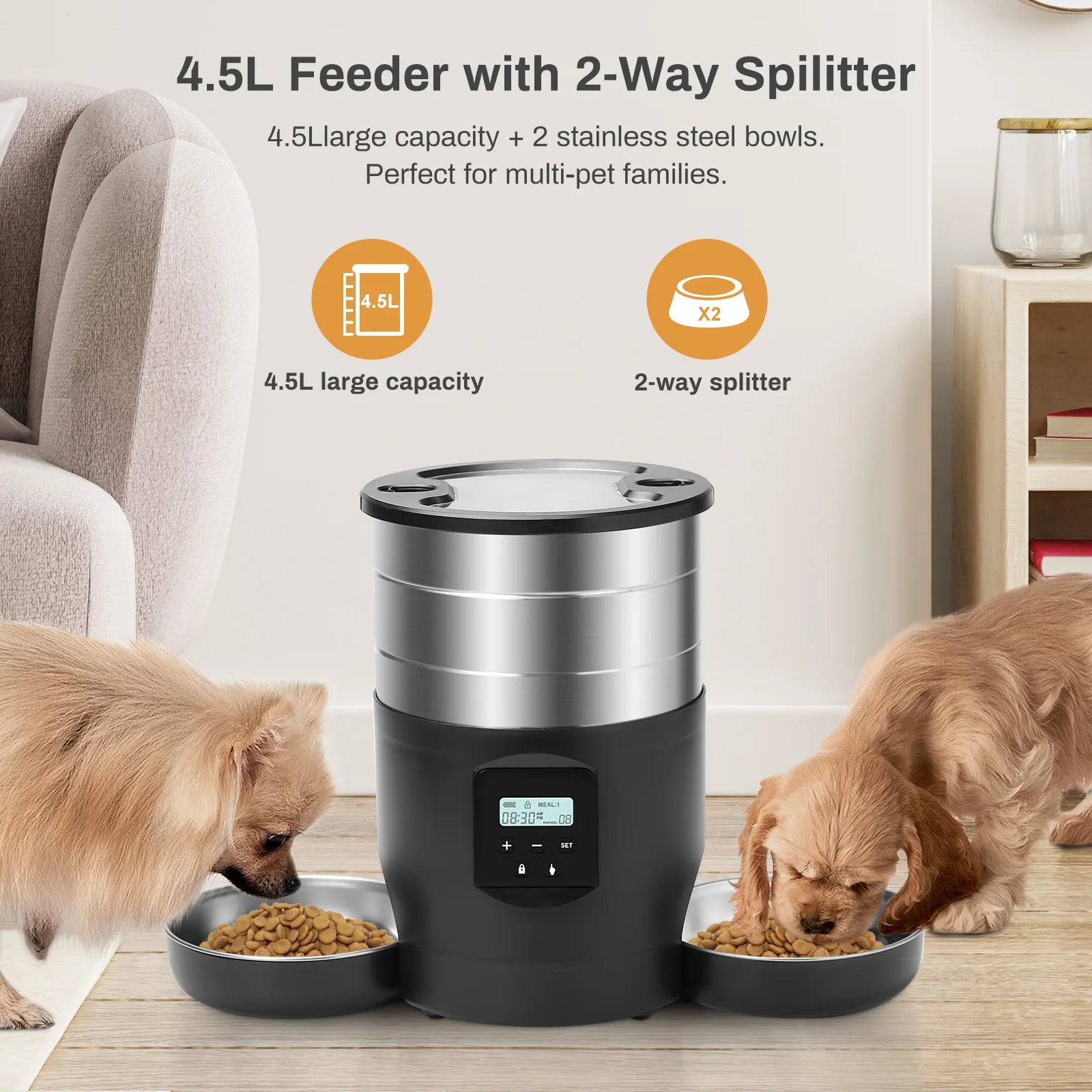 Zelquira FeedSmart Pro — Comedero Automático Inteligente con Cuencos de Acero · 4,5L